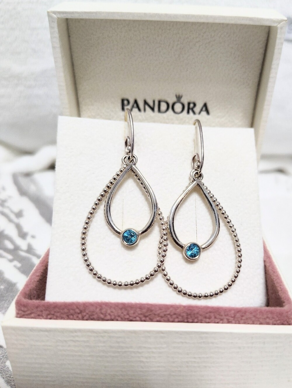 Pandora "Compose" 925 Sterling Silver Double Drop Earrings w/Blue Topaz Stones